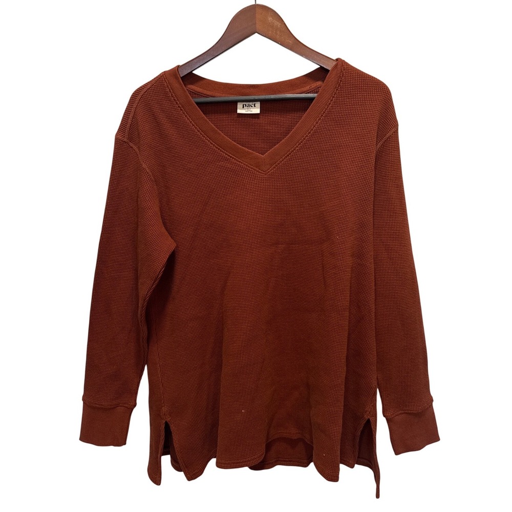 Pact Womens Organic Cotton Waffle Knit V-Neck Pullover Top Rust Brown‎ XL